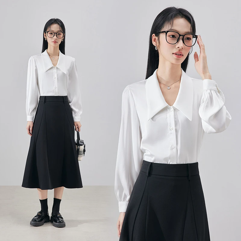 白色衬衫女长袖春秋季设计感小众大方领缎面衬衣职场通勤显瘦上衣