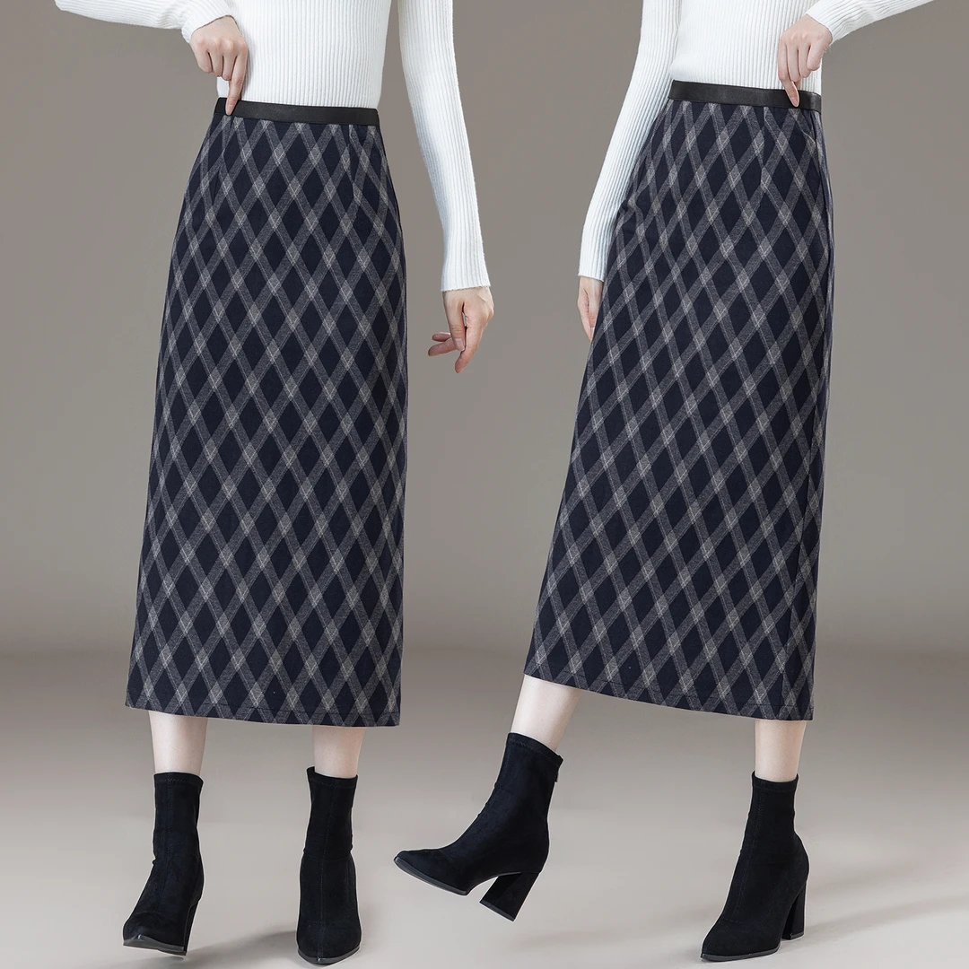 蓝色格子半身裙女2025春秋冬季新款毛呢后开叉中长款一步直筒裙子