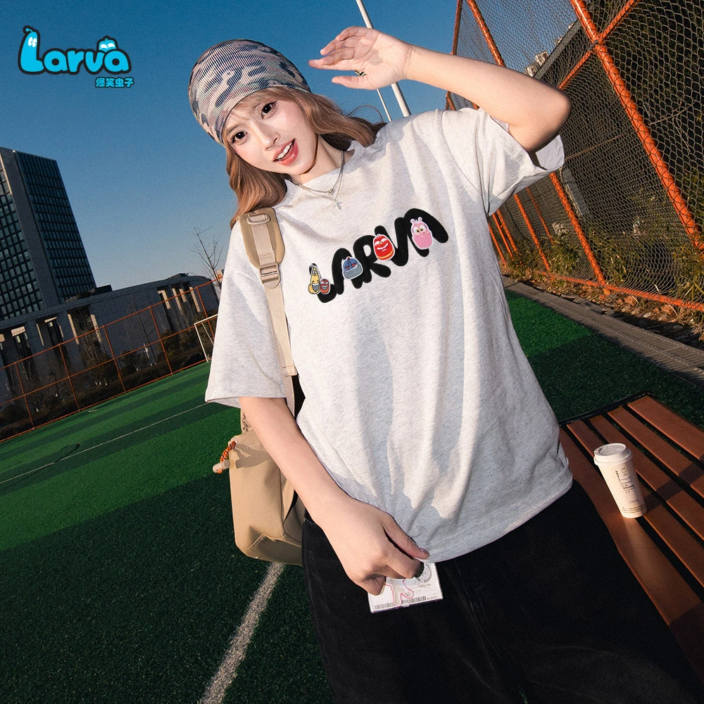 LARVA/爆笑虫子纯棉小众刺绣DIY魔术贴夏季半袖男女款宽松短袖T恤