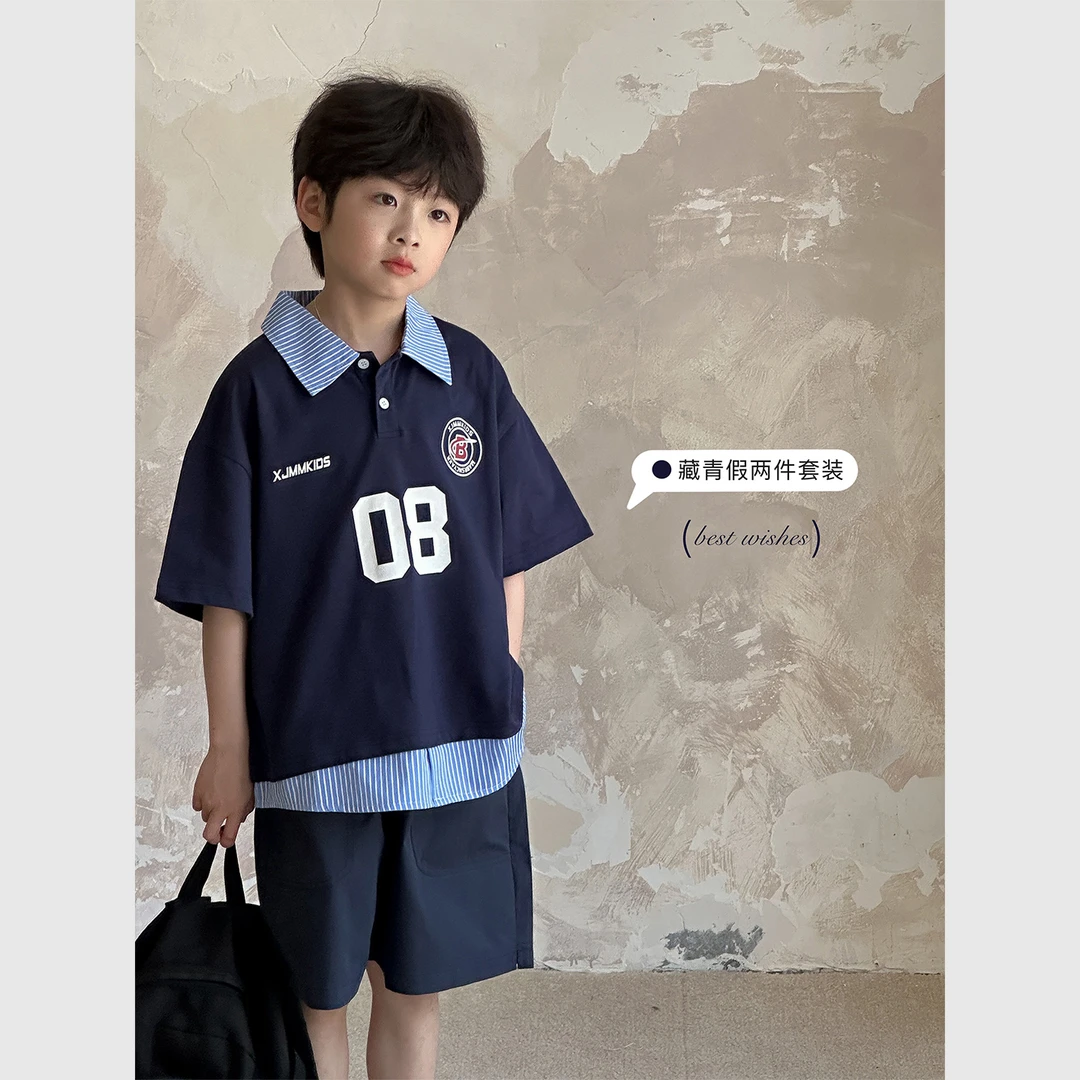 虾酱麻麻男童短袖polo衫套装夏季2025新款学院风假两件儿童装短裤