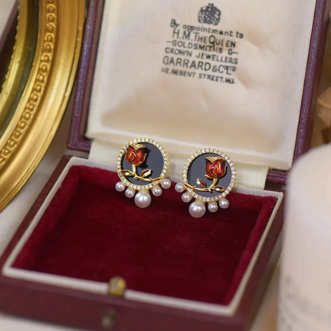 铜合金耳饰 法式暗黑玫瑰花珍珠耳钉2825