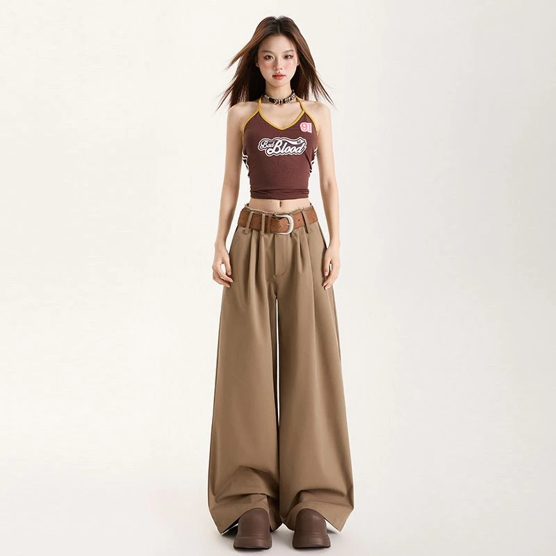 美拉德穿搭阔腿裤女款2025春秋季新款宽松显瘦直筒美式高街休闲裤