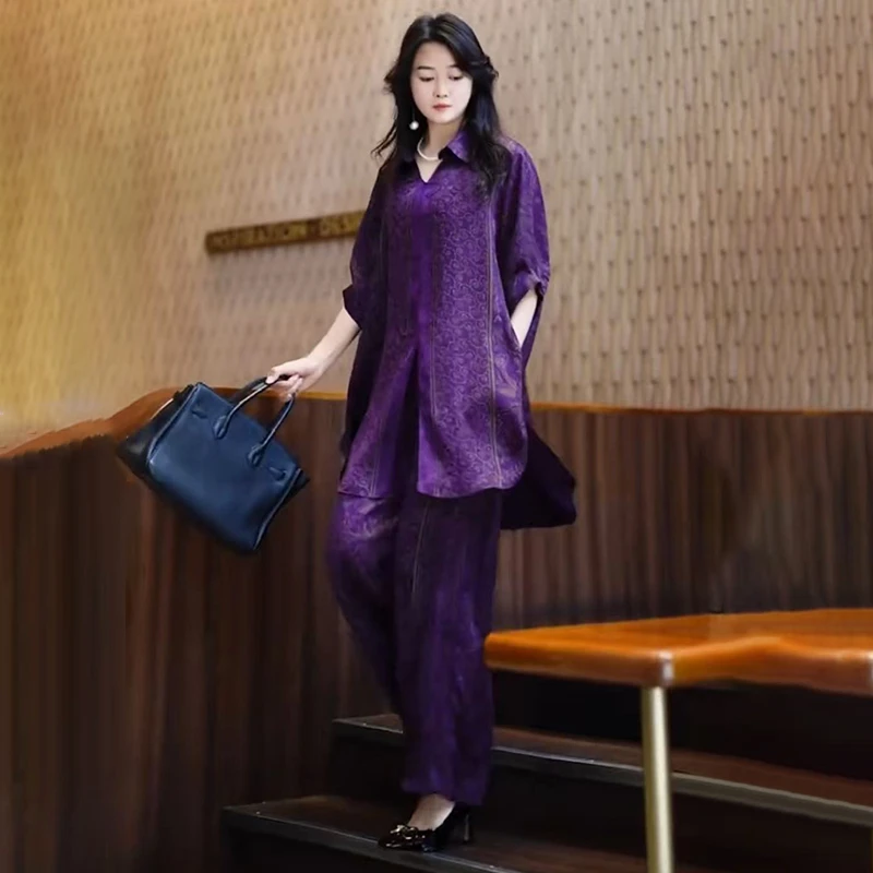 时髦女装气质两件套休闲洋气中长款衬衫气质上衣搭阔腿裤高档套装