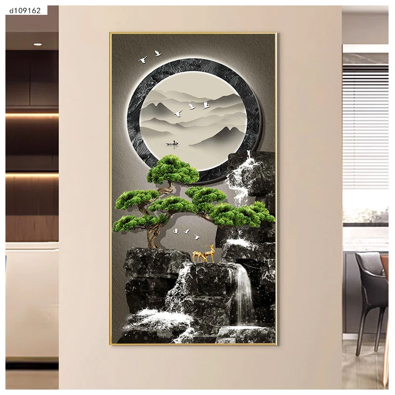 高山流水入户玄关装饰画新中式走廊过道挂画轻奢竖版正对门壁画