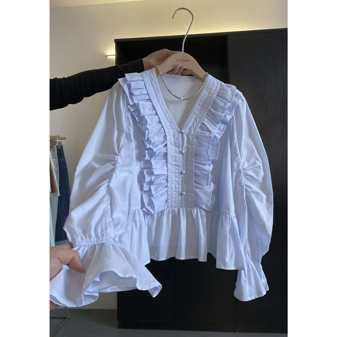 璎婲sᴀᴋᴜʀᴀ【雾隐蓝调】岚韩版设计感拼接多层重工花边弯刀袖衬衫