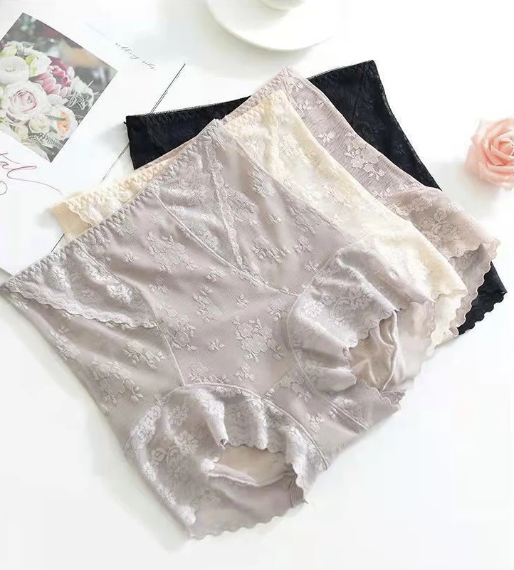 高腰收腹内裤女提臀无痕蕾丝性感透气收小肚子女士裤衩