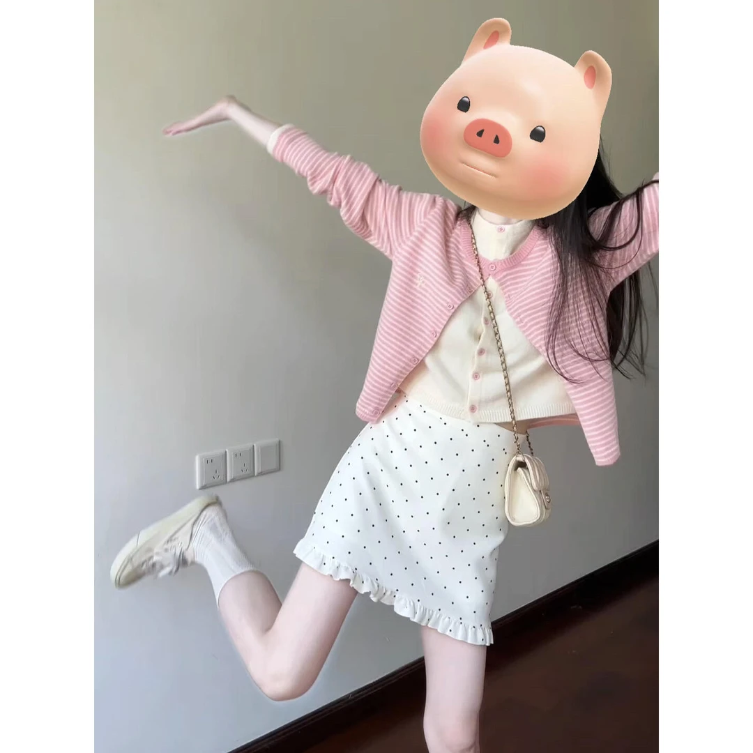 韩系甜美粉色条纹假两件针织开衫女2025秋季显瘦波点半身裙套装