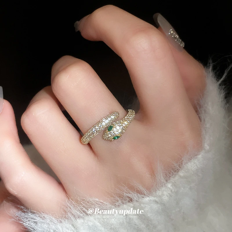 黄铜锆石戒指 锆石蛇形开口戒指女小众时尚个性食指戒气质轻奢百