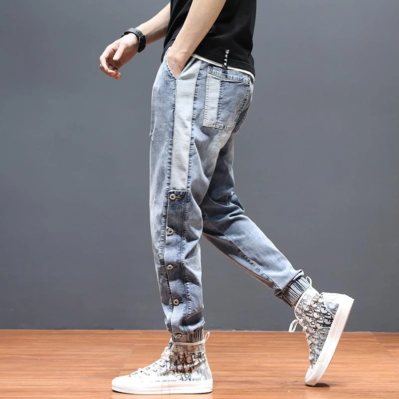 男装春季薄款松紧腰九分裤男修身款弹力束脚牛仔裤春秋男装小脚