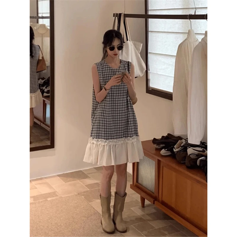 韩系格子拼接连衣裙女夏季新款甜美减龄背心裙复古高级感无袖裙子
