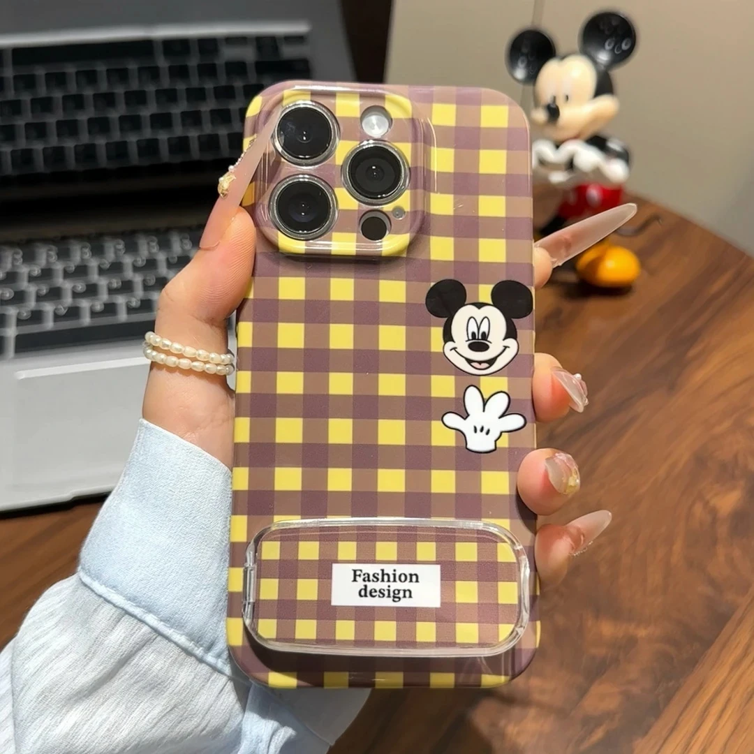 格纹米奇镜子支架适用苹果16promax手机壳iPhone15/14华为pura80