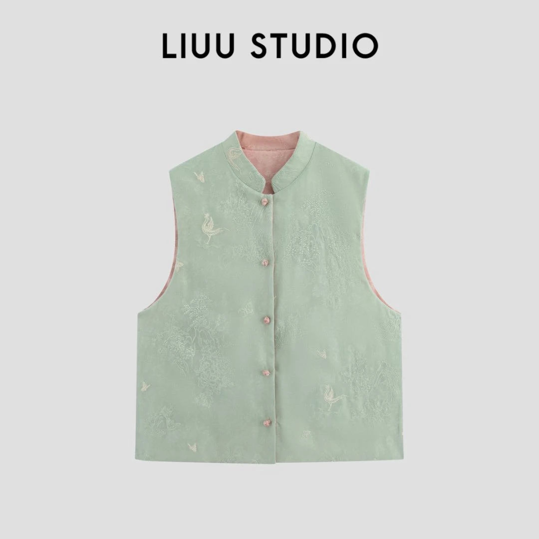 【LIUU】轻盈舒适 橘粉拼湖绿 两面穿中式盘扣马甲