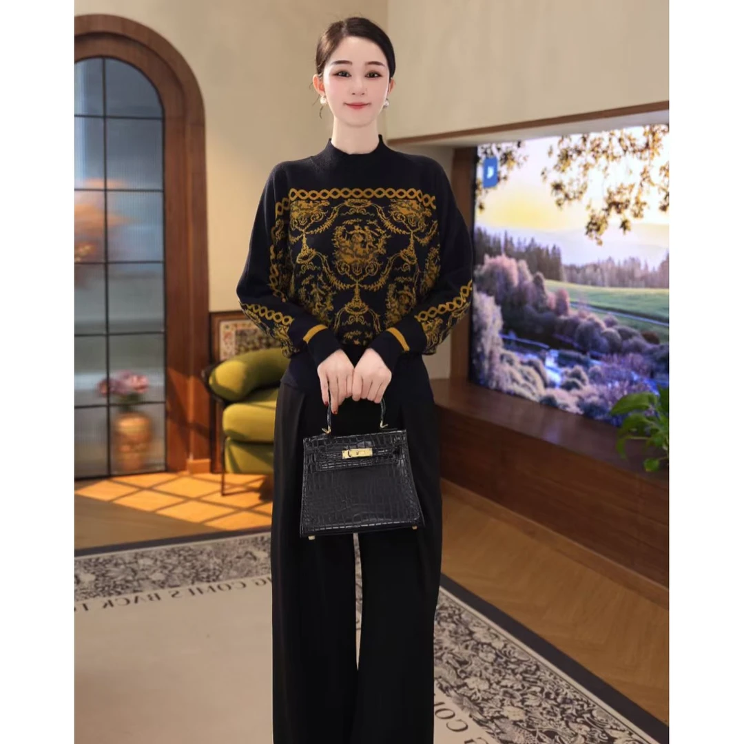 2025秋冬新款【TN-29】含绵羊毛洋气别致老钱风长袖藏蓝色针织衫女