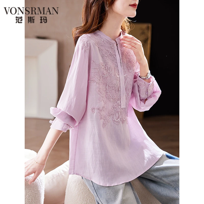 新款时尚好看半开领蕾丝拼接衬衫女2025年春季新款气VONSRMAN