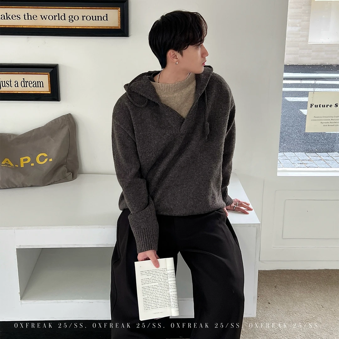 OXFREAK「老钱风 羊毛混纺」600g重磅假两件毛衣男连帽套头针织衫