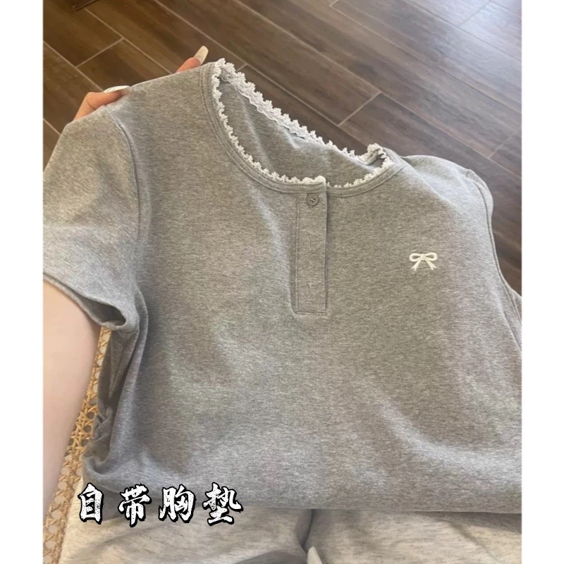 胸垫版夏季女款纯棉睡衣圆领日系短袖短裤家居服（蕾丝边蝴蝶）