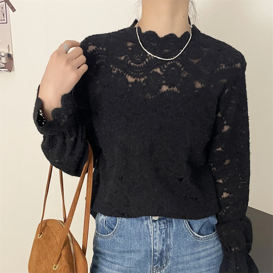 2024新款蕾丝钩花秋冬圆领打底衫新款时尚百搭镂空设计长袖上衣T