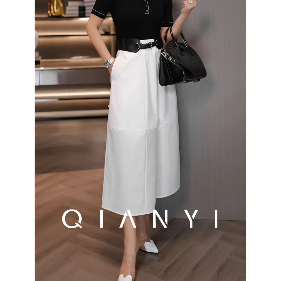 纤屹2025夏季新款气质百搭休闲纯色静奢风遮肉显瘦A摆女装半身裙