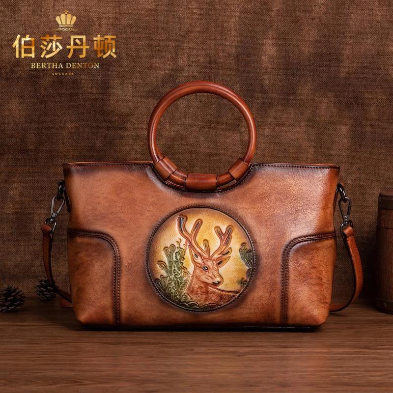 伯莎丹顿真皮女包斜挎包包复古大气手提包女士单肩包中年妈妈包