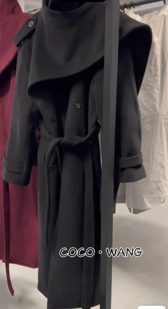 二姐C·W【黑色】时髦进阶高个子围脖羊毛大衣