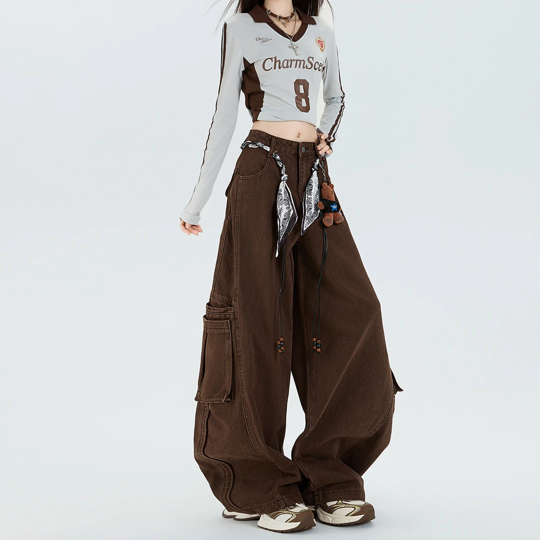 美式美拉德复古深咖色工装牛仔裤女2025宽松阔腿hiphop棕色弯刀裤