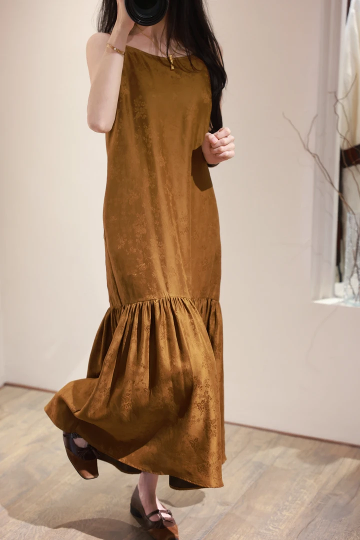 重磅桑蚕丝香云纱提花花萝吊带连衣裙18174