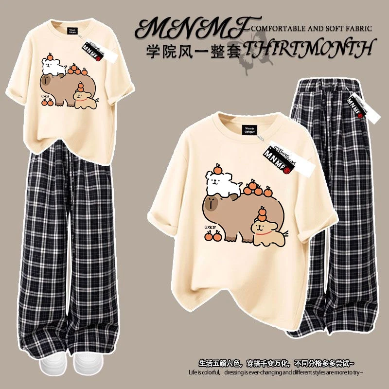 卡皮巴拉女童纯棉短袖格子裤套装夏季新款线条小狗中大童两件套潮