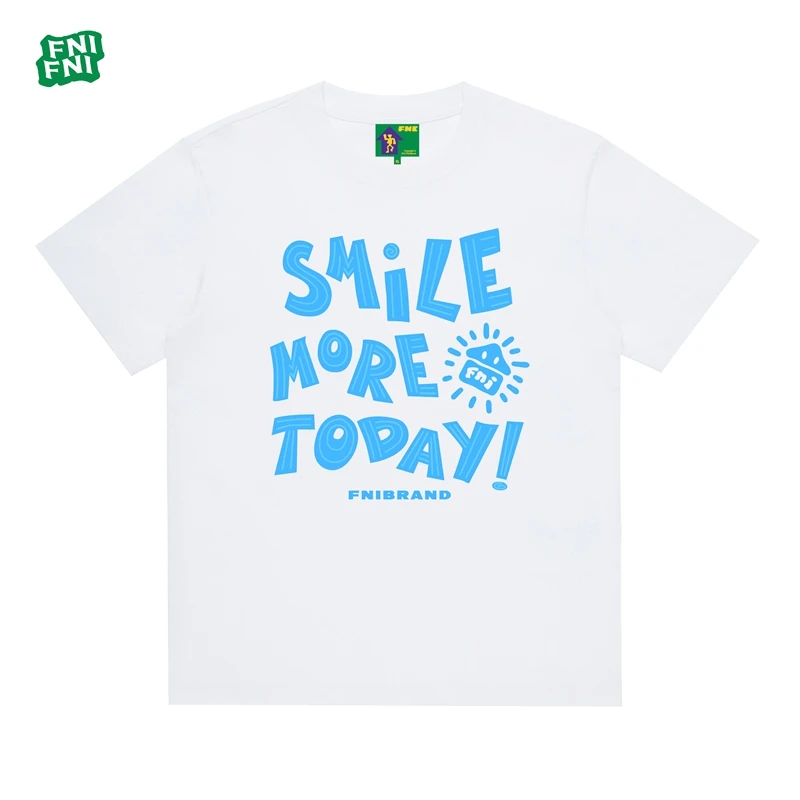 FNI国潮重磅纯棉（今天要多微笑）男女同款t恤美式复古短袖新款发泡
