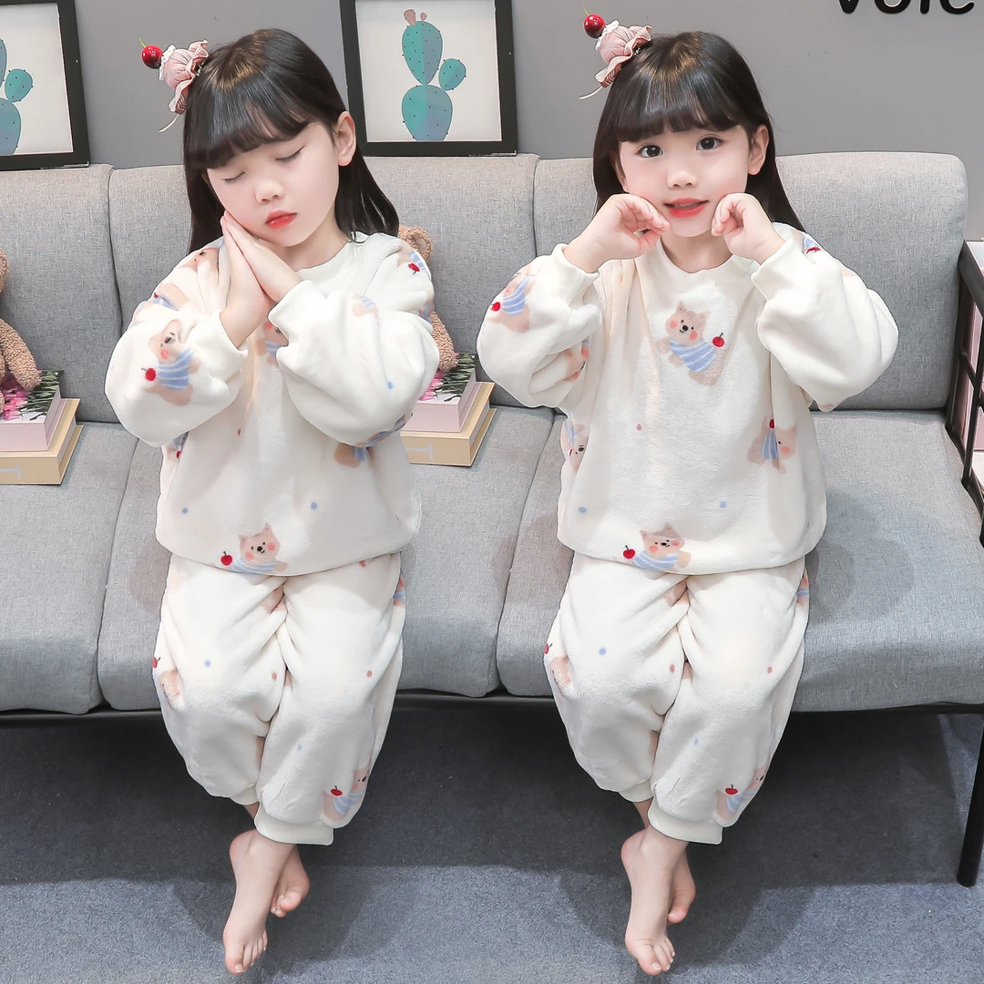 女童睡衣秋冬款2025新款法兰绒女孩宝宝冬季儿童珊瑚绒家居服套装