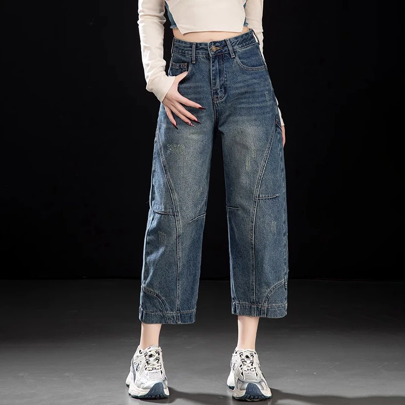 怀旧小众设计感九分牛仔裤女加绒秋冬宽松新款拼接垂感八分弯刀裤