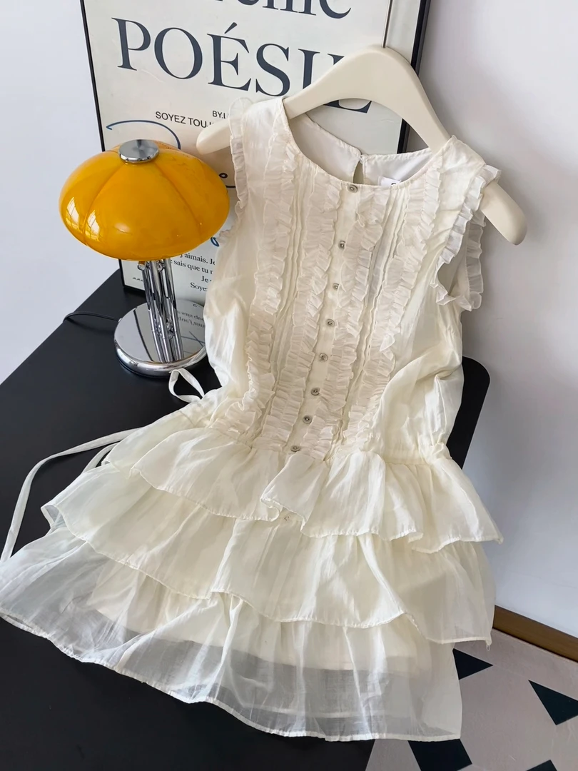 纯欲辣妹风背心连衣裙女2025夏季新款收腰木耳边甜美减龄蛋糕短裙