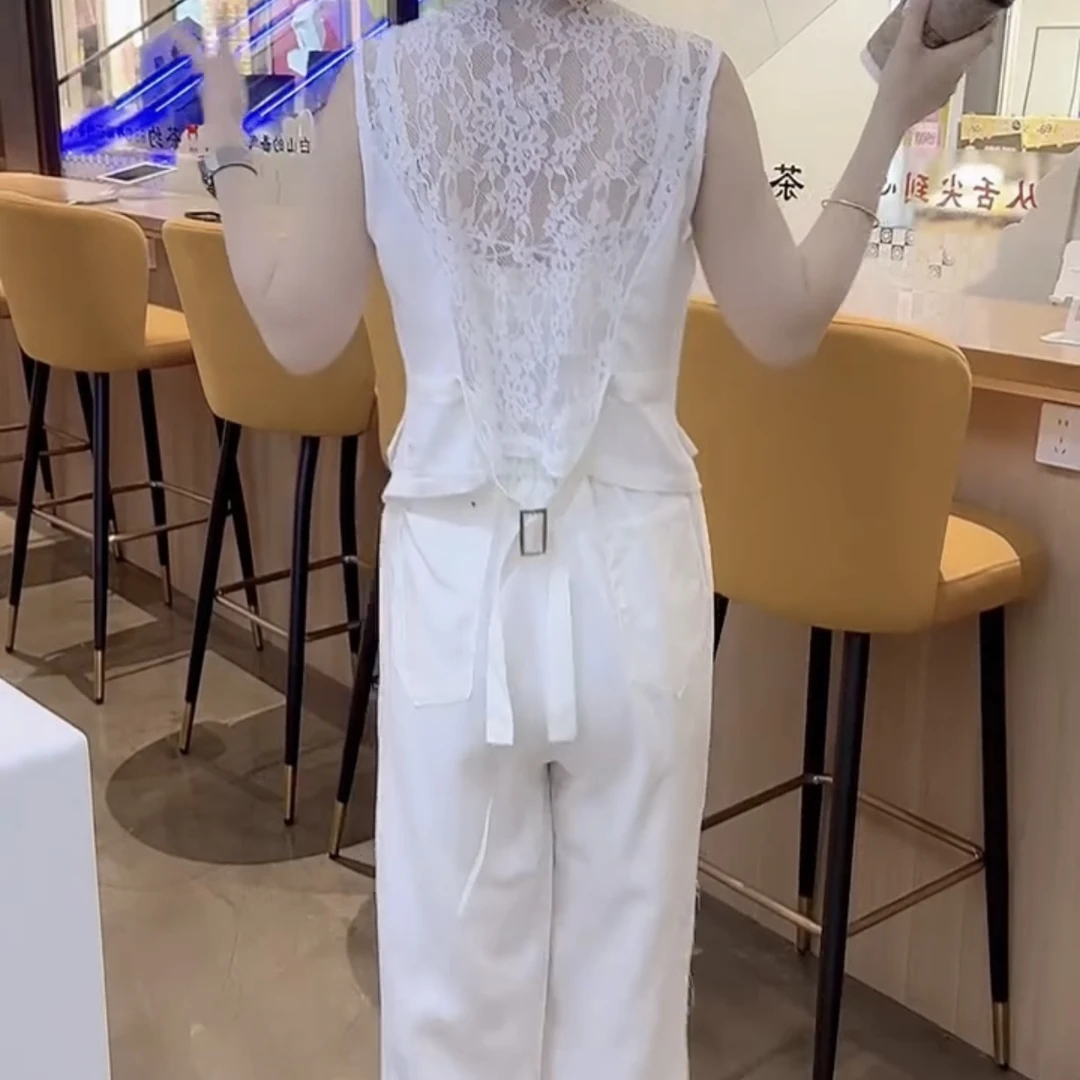 网红新款时尚蕾丝拼接显瘦马甲搭配阔腿裤套装