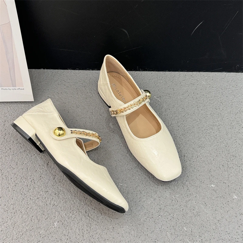 法式晚晚单鞋黑色低跟鞋女2024新款春夏气质金属链条玛丽珍粗跟潮