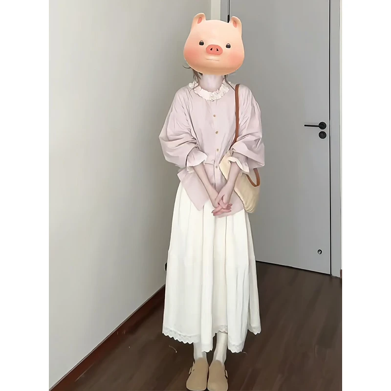 早秋穿搭一整套蕾丝2025新款花边设计感衬衫复古半身裙两件套装女