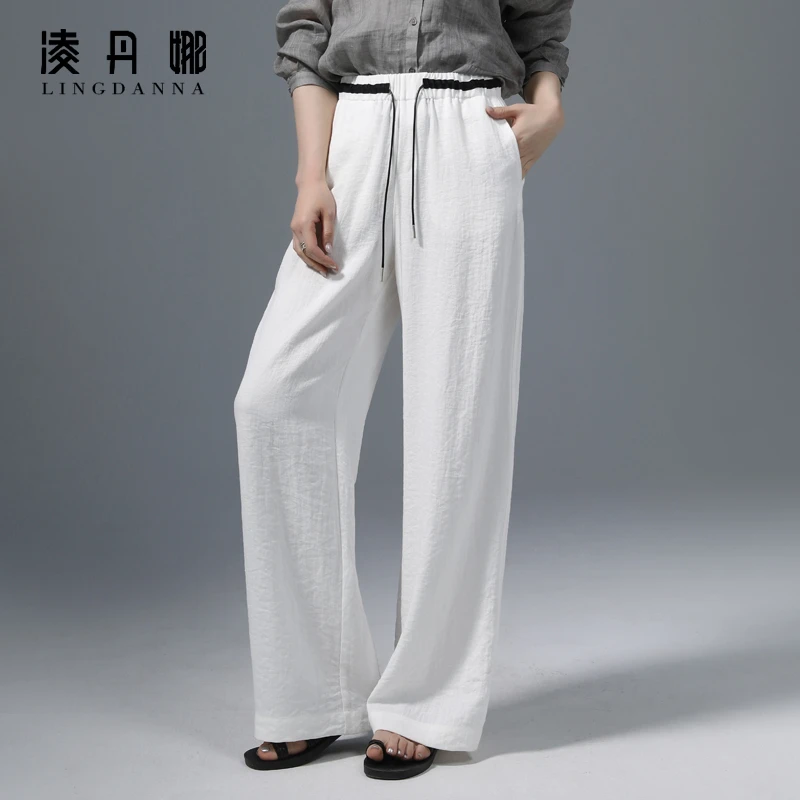 天丝亚麻阔腿裤女2025夏季新款松紧腰薄款垂感白色裤子休闲直筒裤
