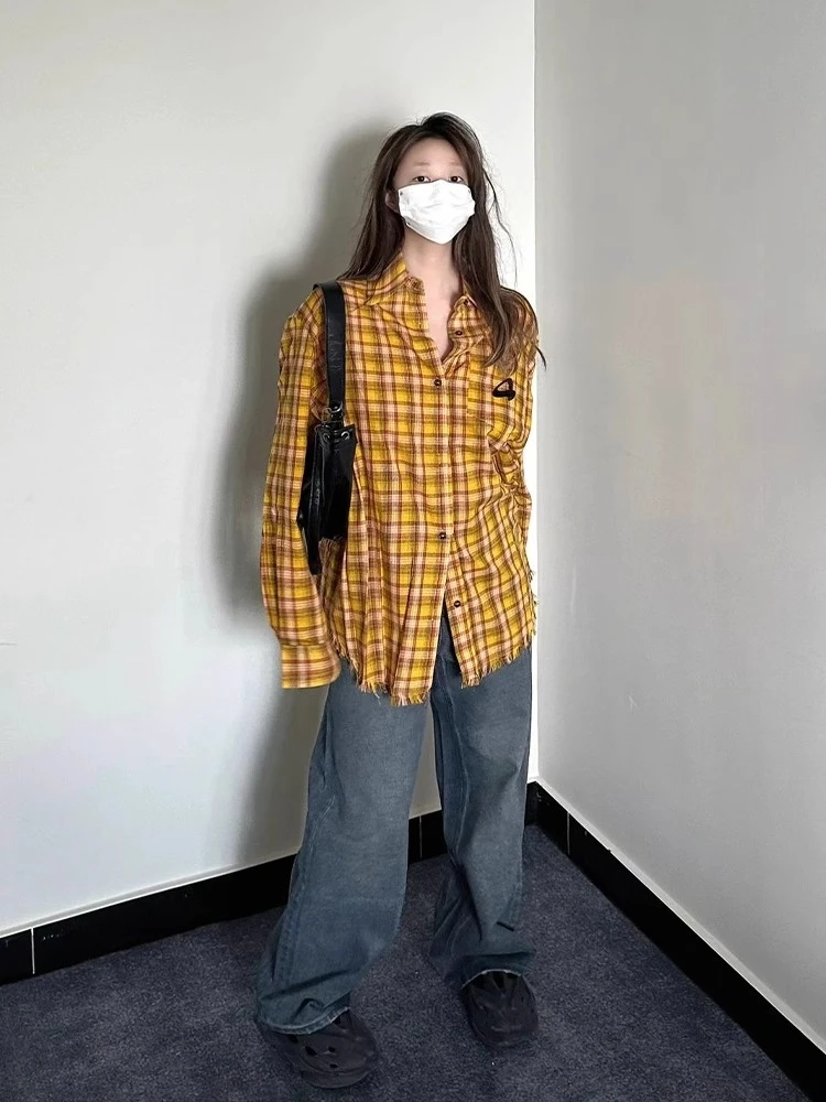 美式复古黄色格子衬衫女春秋款多巴胺宽松上衣设计感叠穿衬衣外套