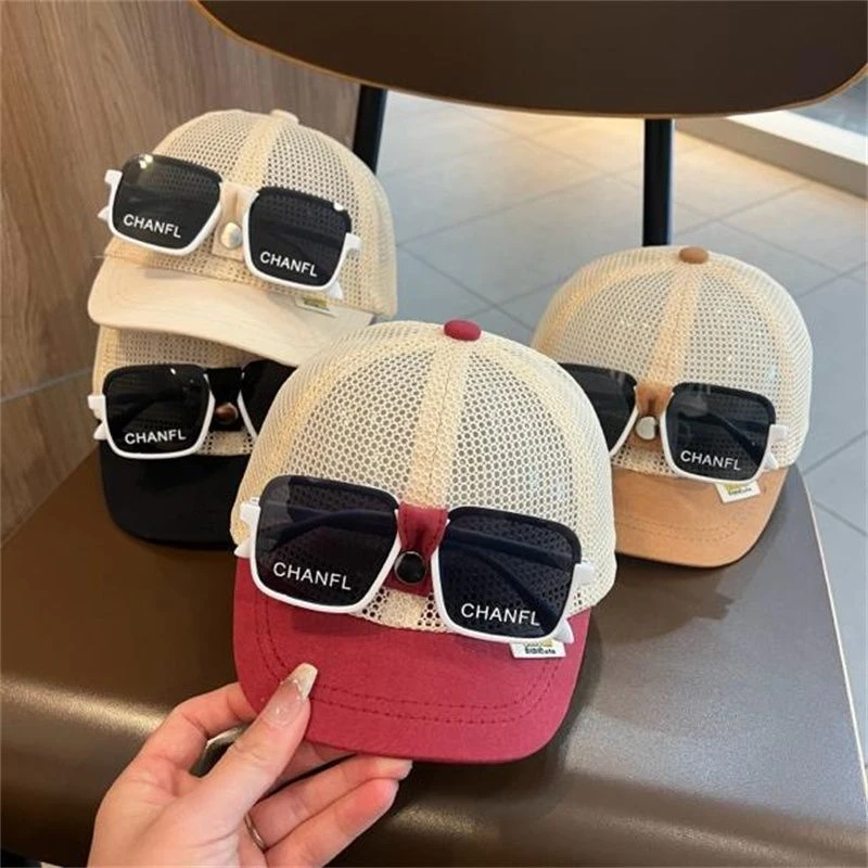 儿童帽子夏季鸭舌帽网男童女宝宝带墨镜棒球帽韩版遮阳帽防晒婴儿