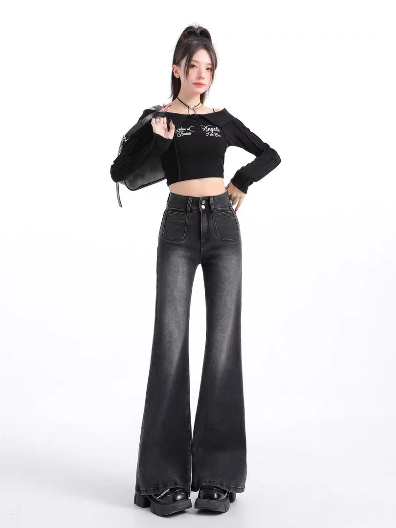 品牌FV复古黑灰色不贴腿微喇裤小个子新款修身裤子2025新款牛仔裤