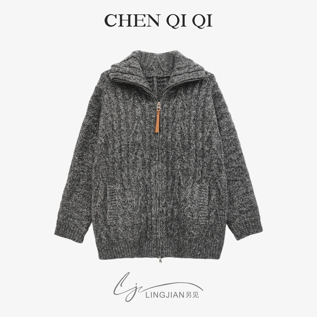 【CHENQIQI】陈冠希同款花纱翻领针织开衫女拉链外套JCM-298-6618