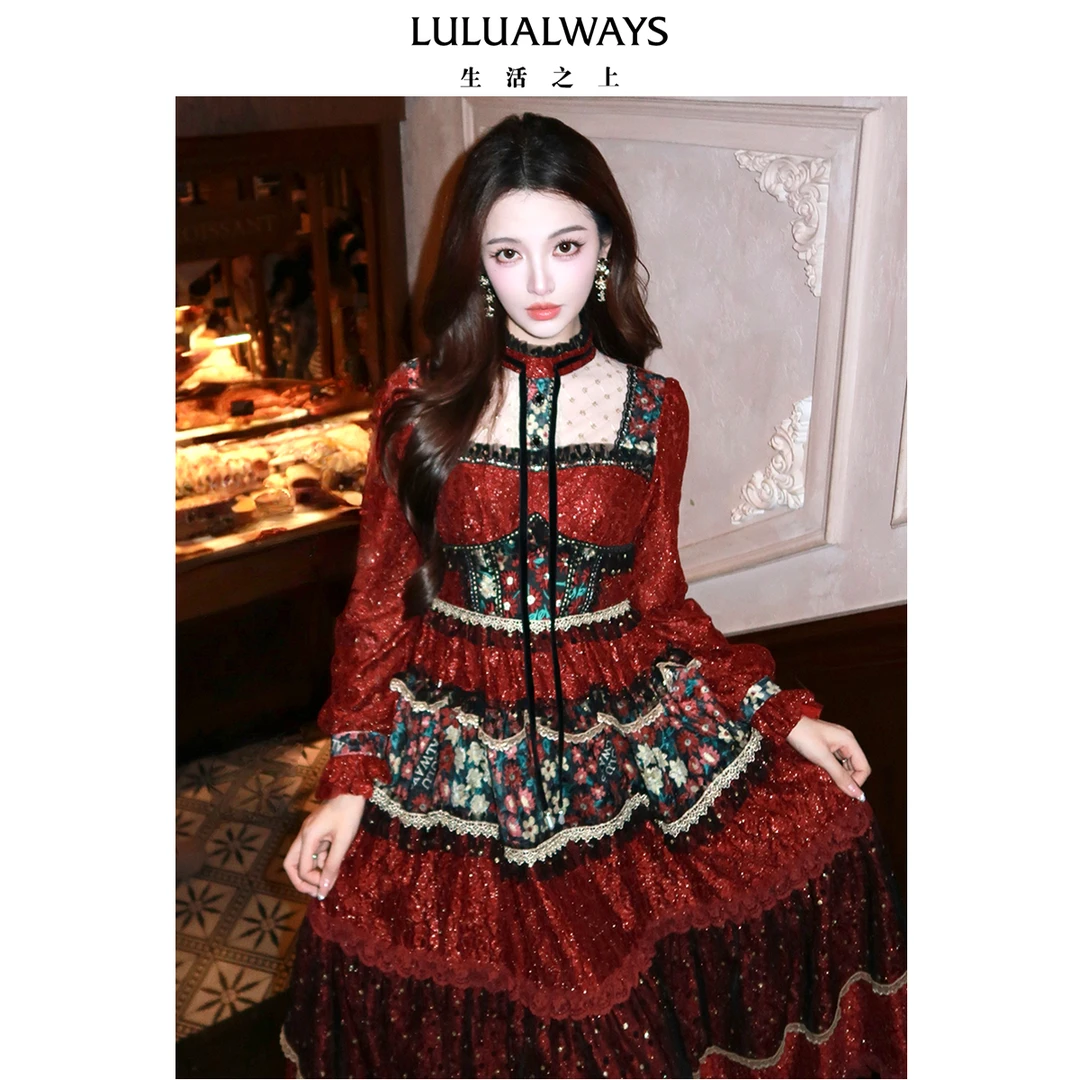 LULUALWAYS【商场同款】25冬季新款复古宫廷风蛋糕裙长款连衣裙女