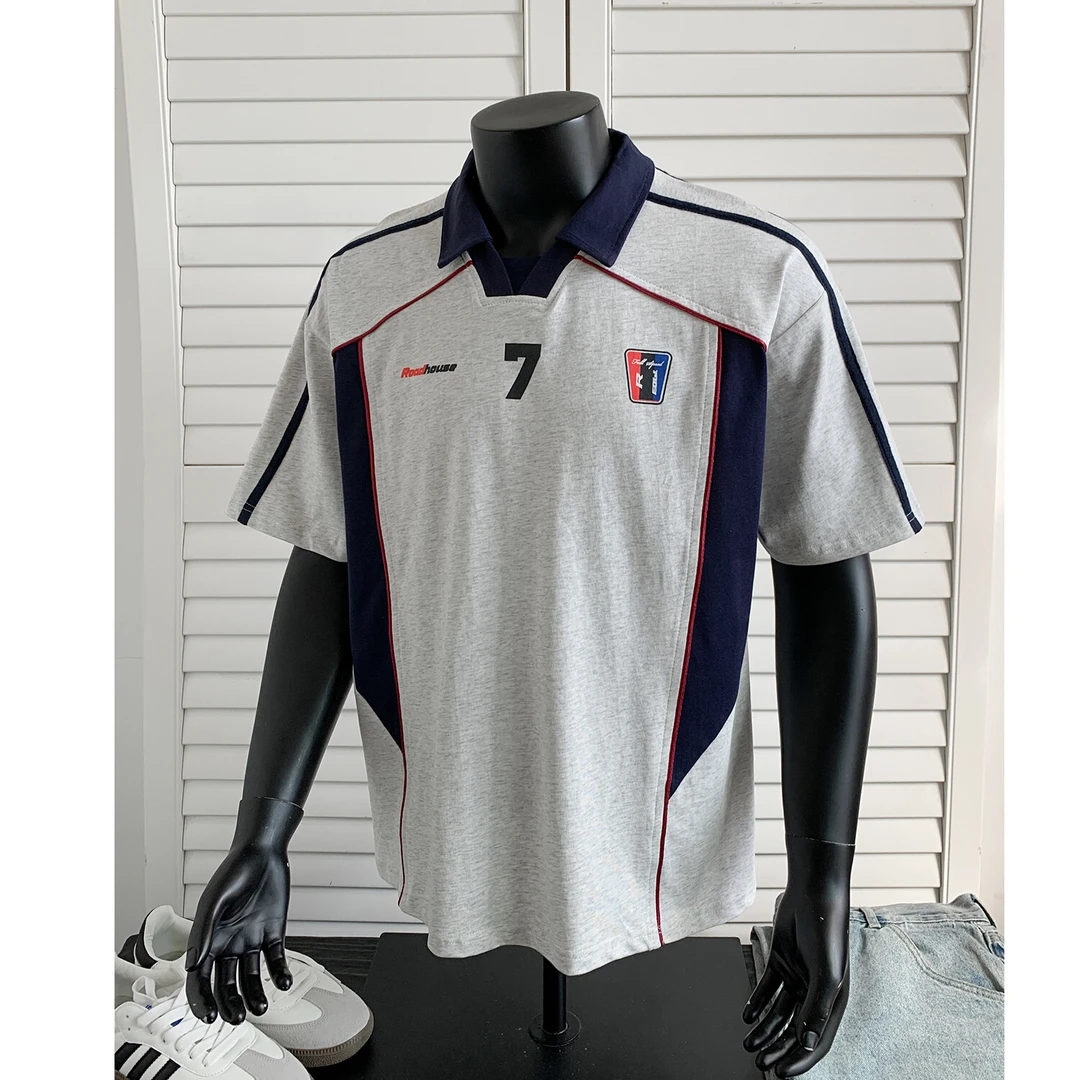 运动风拼色polo领重磅短袖t恤男夏季美式潮牌痞帅宽松五分半中袖