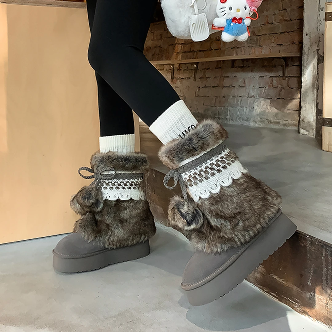 3.5cm跟真皮保暖短筒雪地靴冬一脚蹬厚底毛毛鞋平底加绒女靴灰色
