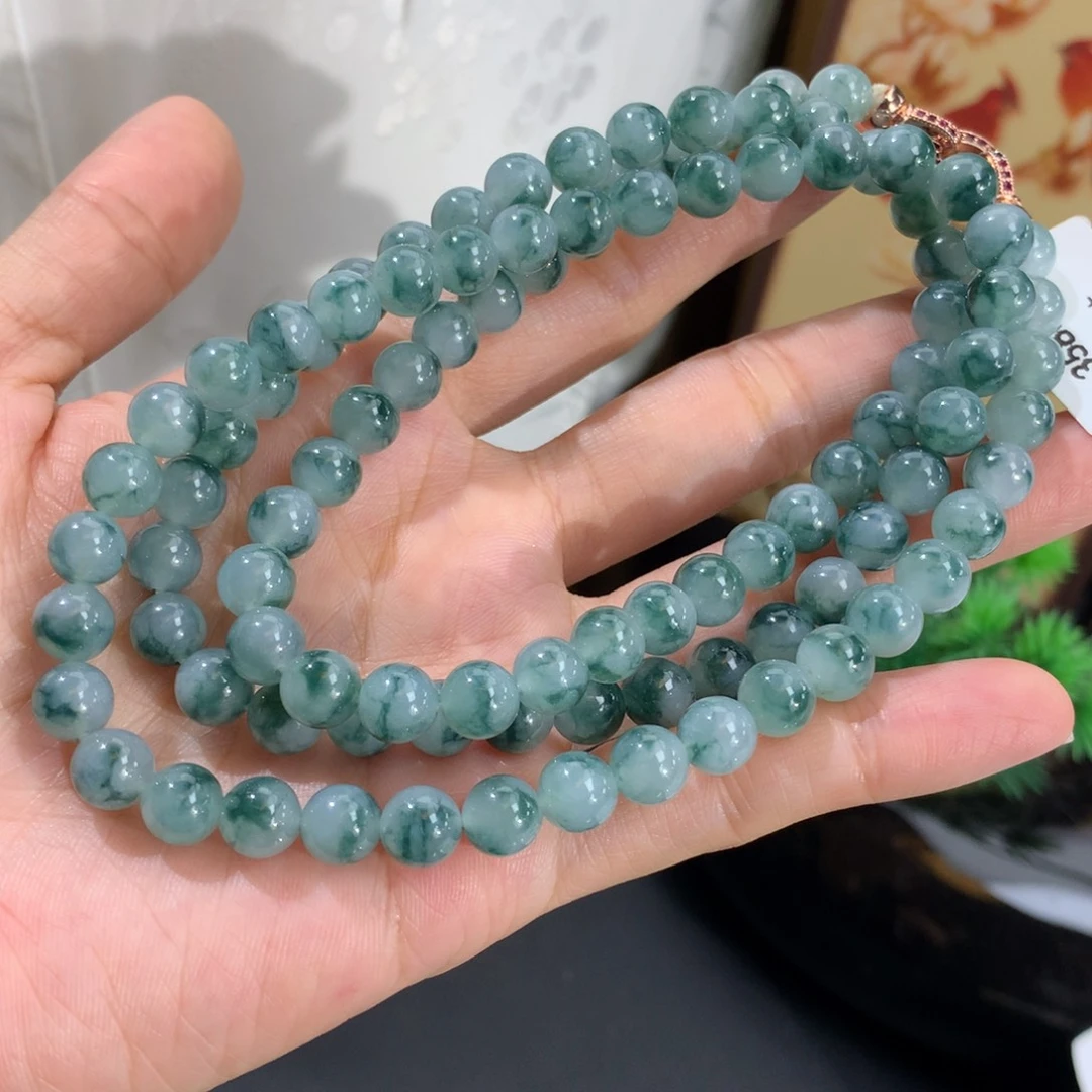 翡翠未镶嵌手串卡7胶润蓝飘花项链