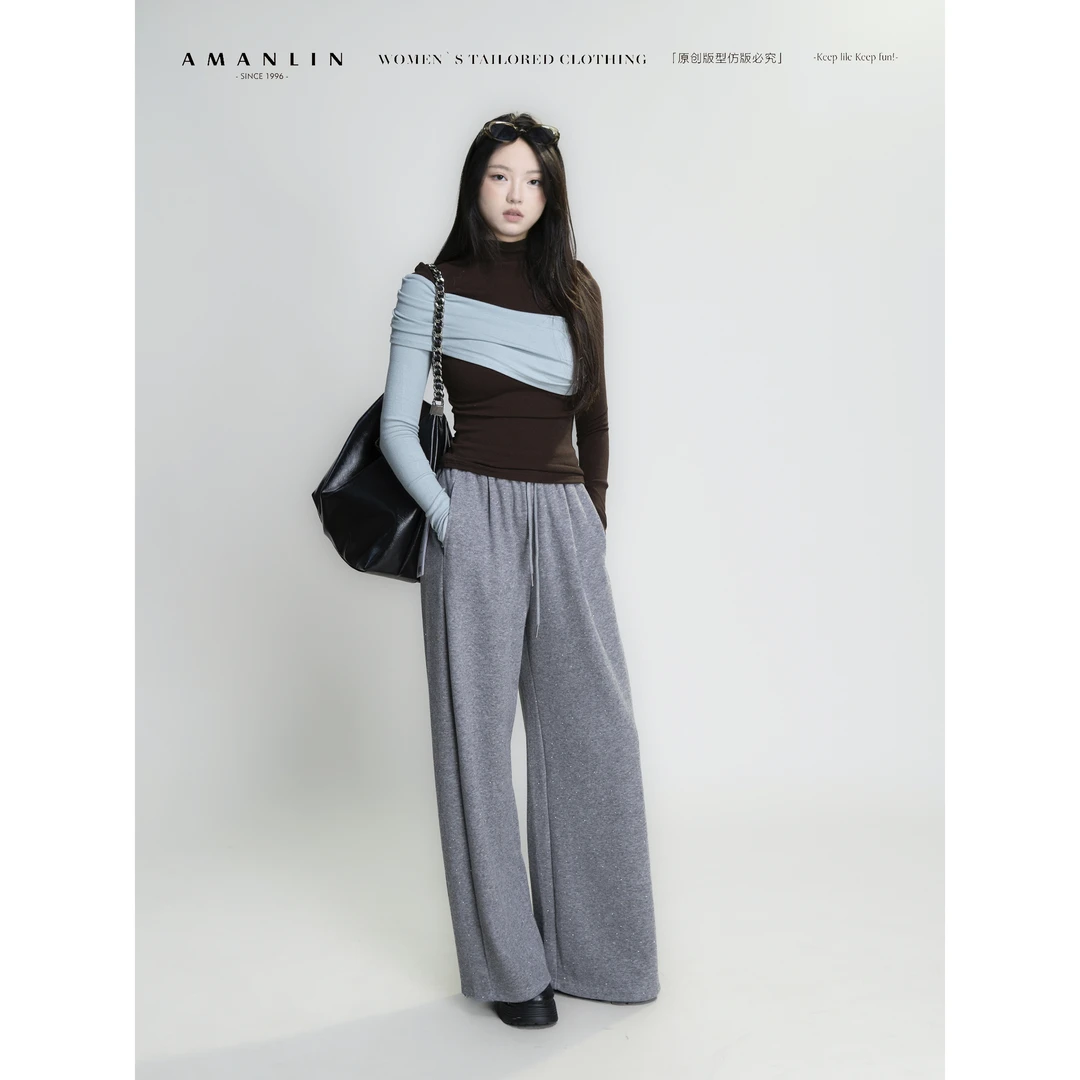 AMANLIN/阿谩琳琥珀流光撞色别致半高领修身显瘦内搭上衣D601638