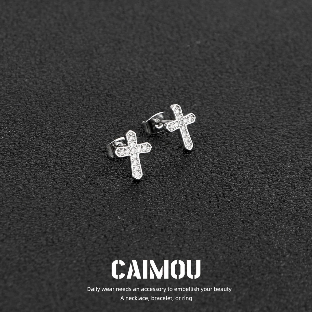 黄铜锆石耳饰 十字架锆石耳钉百搭气质时尚小众简约精致轻奢单只