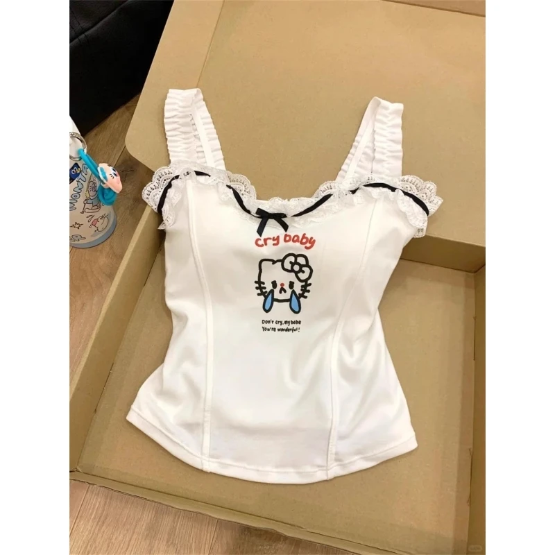 日系HelloKitty木耳边吊带睡衣女夏季2025新款可外穿修身漏脐背心