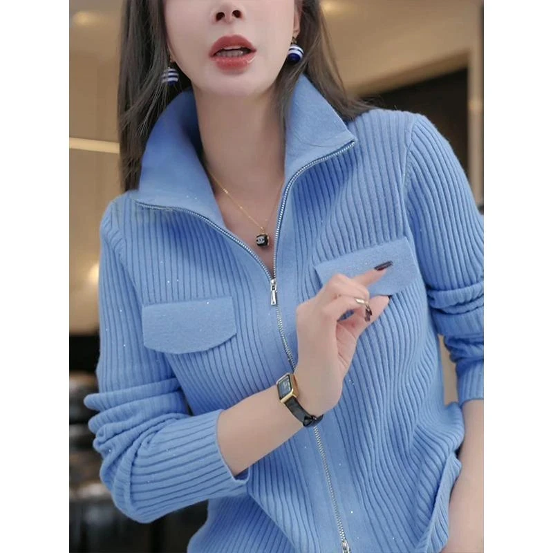 翻领长袖针织开衫毛衣女春秋2025新款双拉链设计感蓝色上衣打底衫