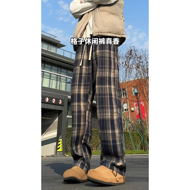 美式复古藏青色格子裤男款痞帅松弛感格纹裤子vintage直筒休闲裤