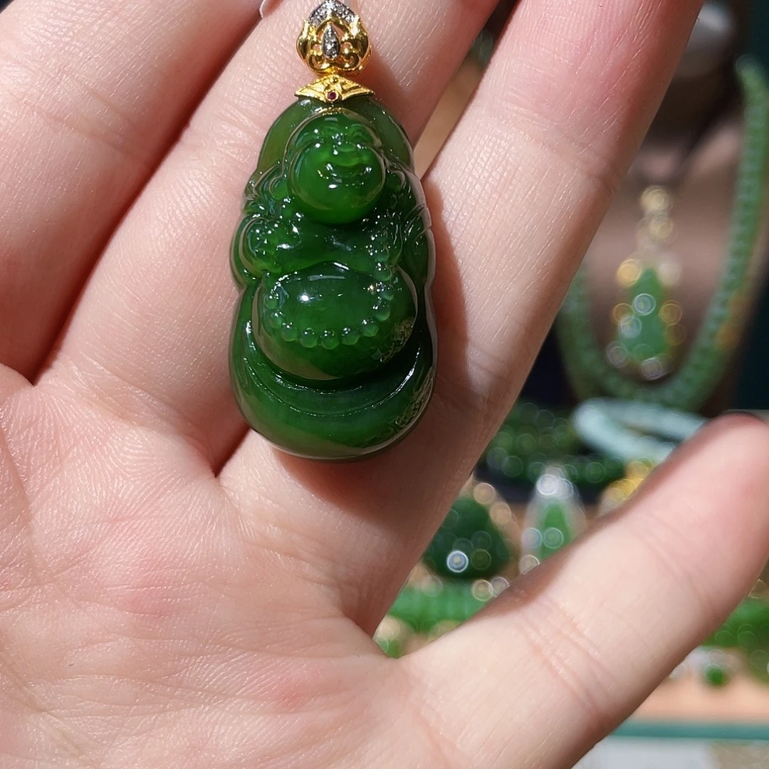 和田玉（碧玉）18K金镶嵌吊坠(不含链)