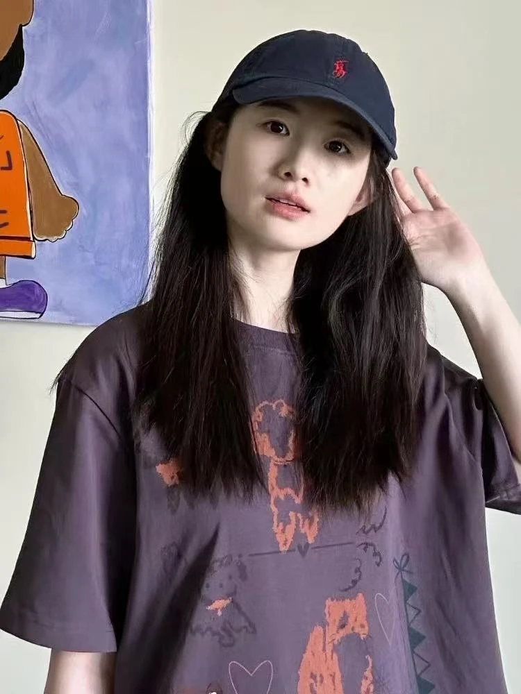 紫色趣味印花短袖女t恤2025新款夏季时尚百搭洋气欧货潮时髦上衣